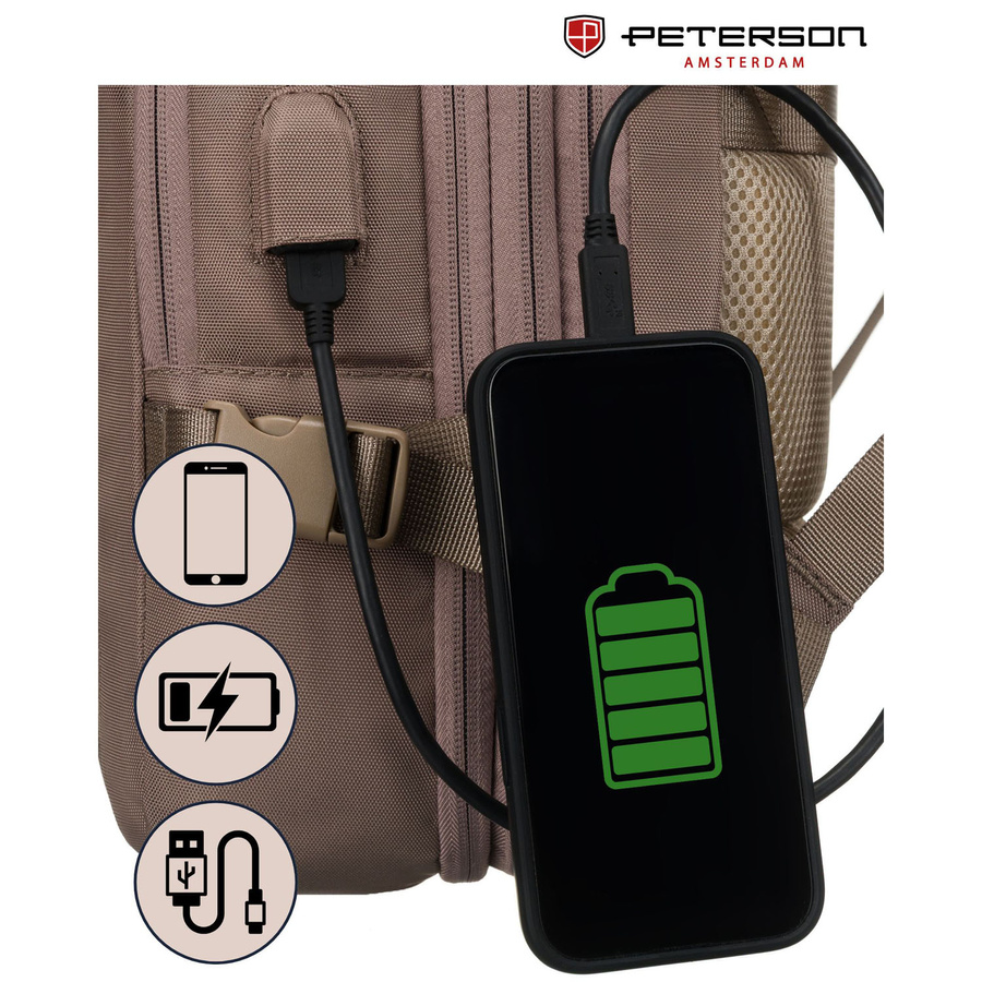 Beżowy plecak podróżny wykonany z cordury z portem USB - Peterson