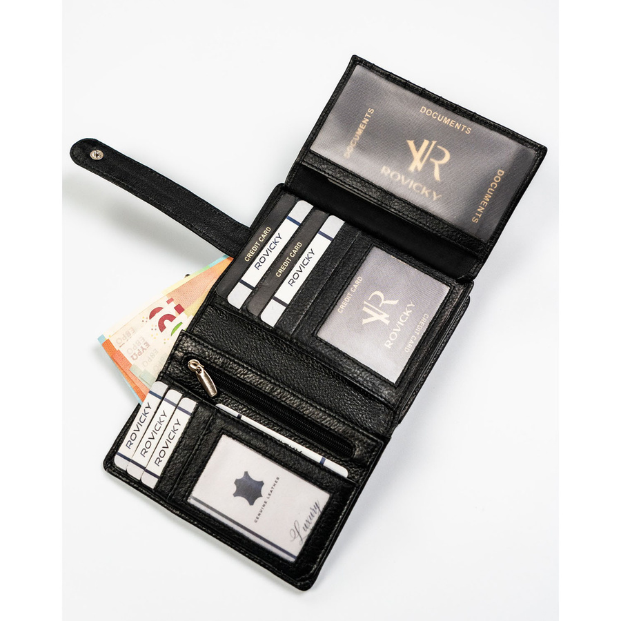 Czarny, skórzany portfel damski w orientacji pionowej zamykany na zatrzask - Rovicky