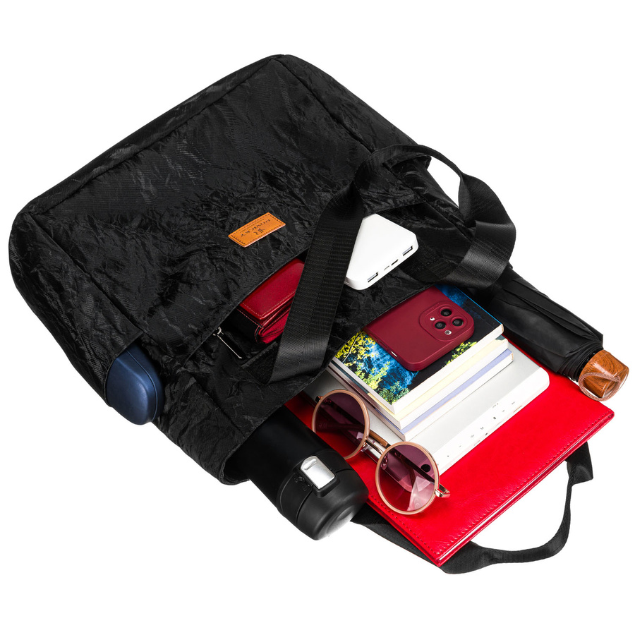 Czarna, duża torba damska z poliestru w marmurkowy wzór, zamykana suwakiem - Rovicky