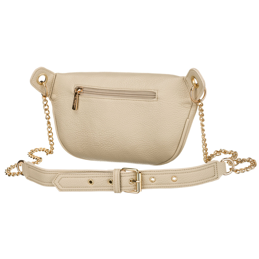 Beżowa saszetka damska ze skóry ekologicznej zamykana suwakiem, zawieszona na regulowanym pasku - Peterson