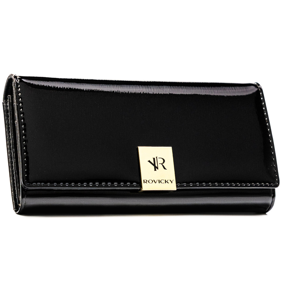 Duży, skórzany portfel damski w czarnym kolorze zamykany na zatrzask - Rovicky