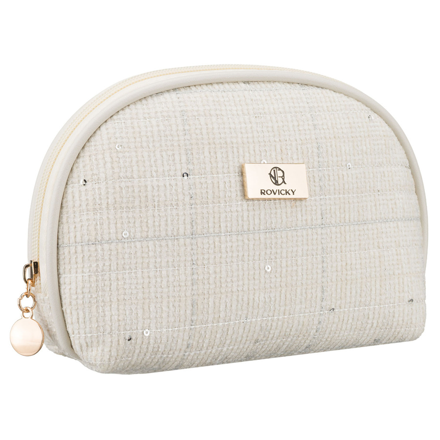 Béžová dámska kozmetická taštička zo syntetického materiálu s ozdobnými flitrami – kompaktná, na zips