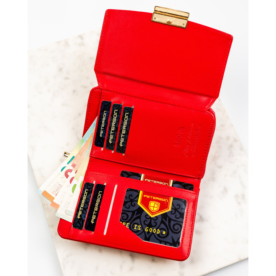 Czerwony, poziomy portfel damski wykonany ze skóry ekologicznej - Peterson