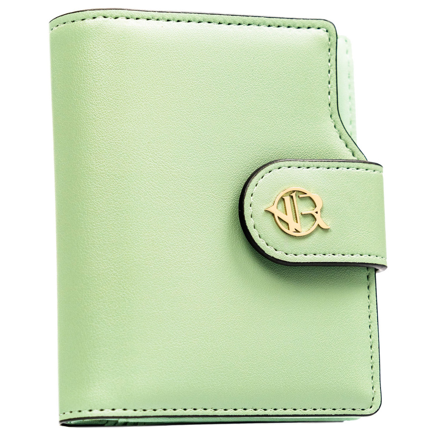 Pionowy portfel damski ze skóry ekologicznej w zielonym kolorze, zamykany na zatrzask i suwak - Rovicky
