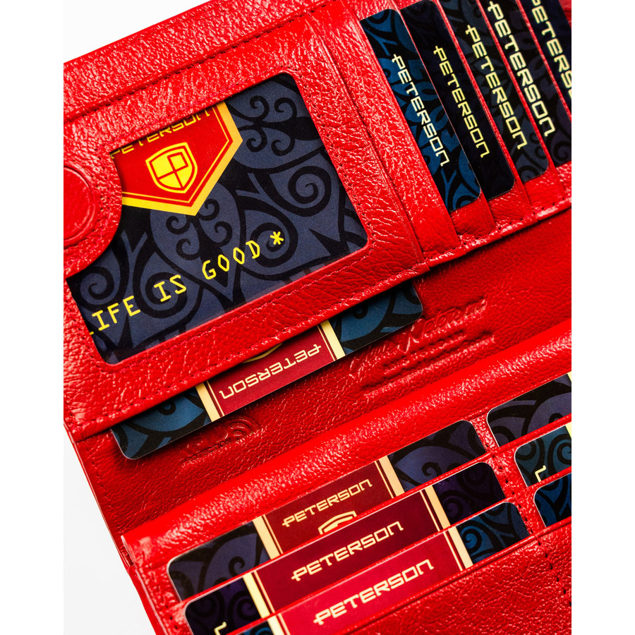 Duży, czerwony, pionowy portfel damski zamykany na magnes i suwak - Peterson
