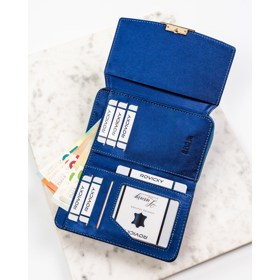 Średni portfel damski ze skóry ekologicznej w granatowym kolorze - Rovicky