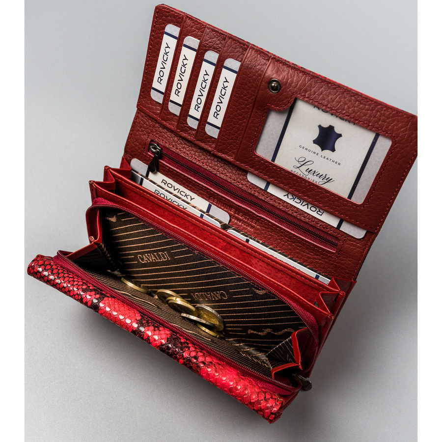 Czerwony portfel damski wykonany ze skóry naturalnej i ekologicznej ze zdobieniem na wzór skóry węża - 4U Cavaldi