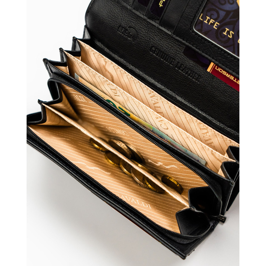 Duży, czarny portfel damski ze skóry naturalnej i ekologicznej, pokryty wzorem imitującym skórę krokodyla - 4U Cavaldi