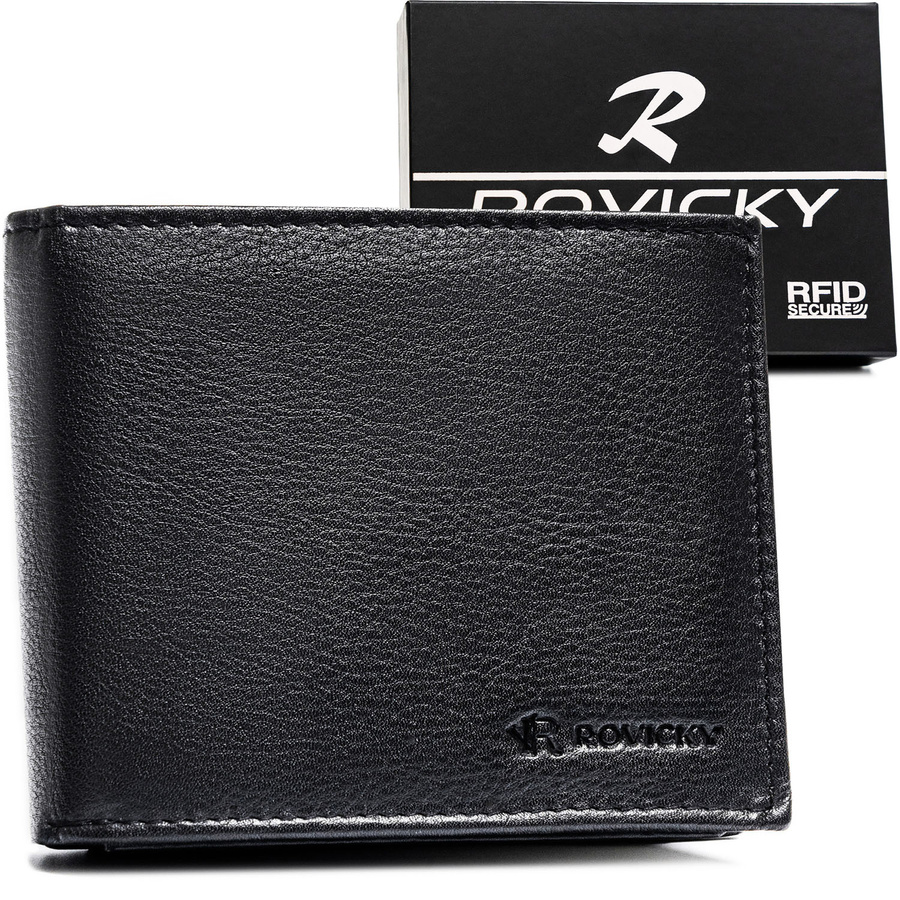 Duży, czarny portfel męski ze skóry naturalnej wyposażony w system RFID - Rovicky