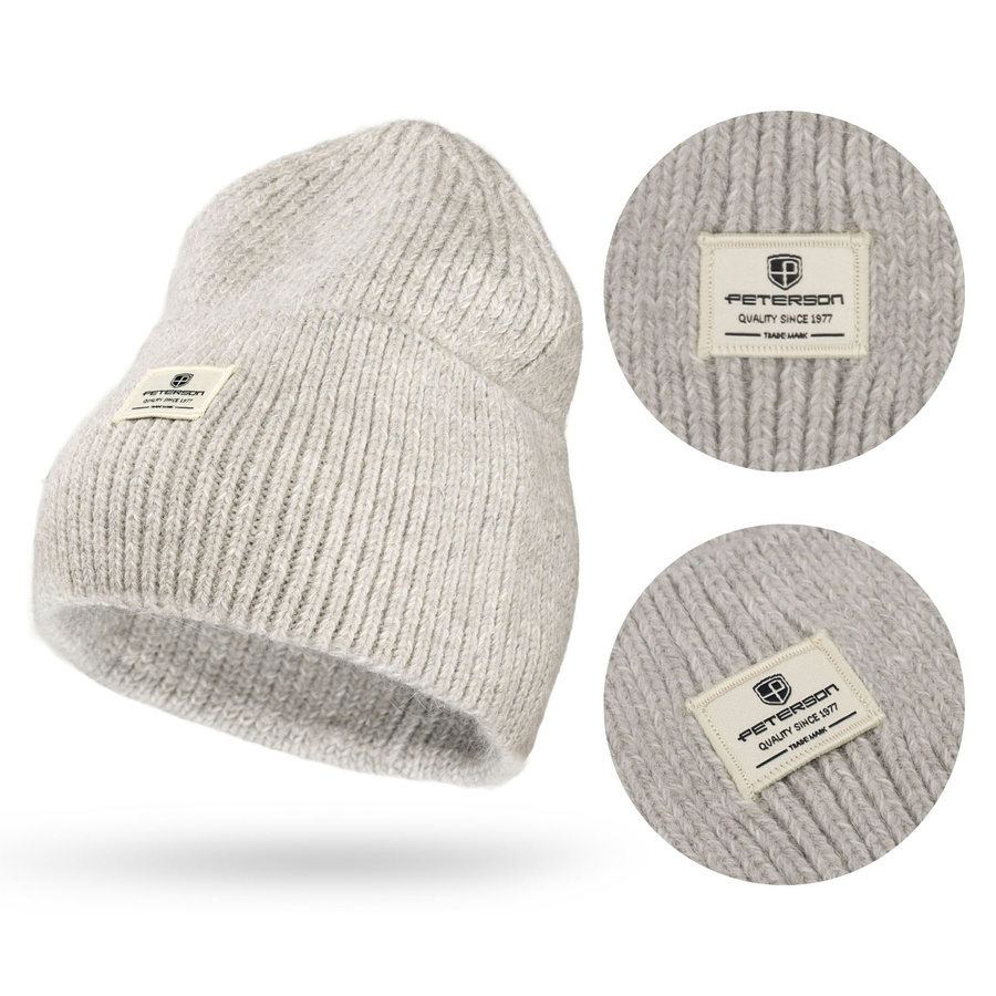 Szara, zimowa czapka damska beanie z logo marki - Peterson