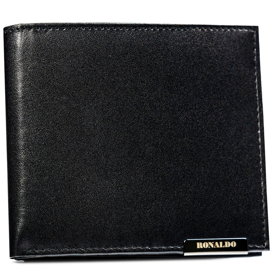 Poziomy, czarny portfel męski ze skóry naturalnej bez zapięcia zewnętrznego - Ronaldo
