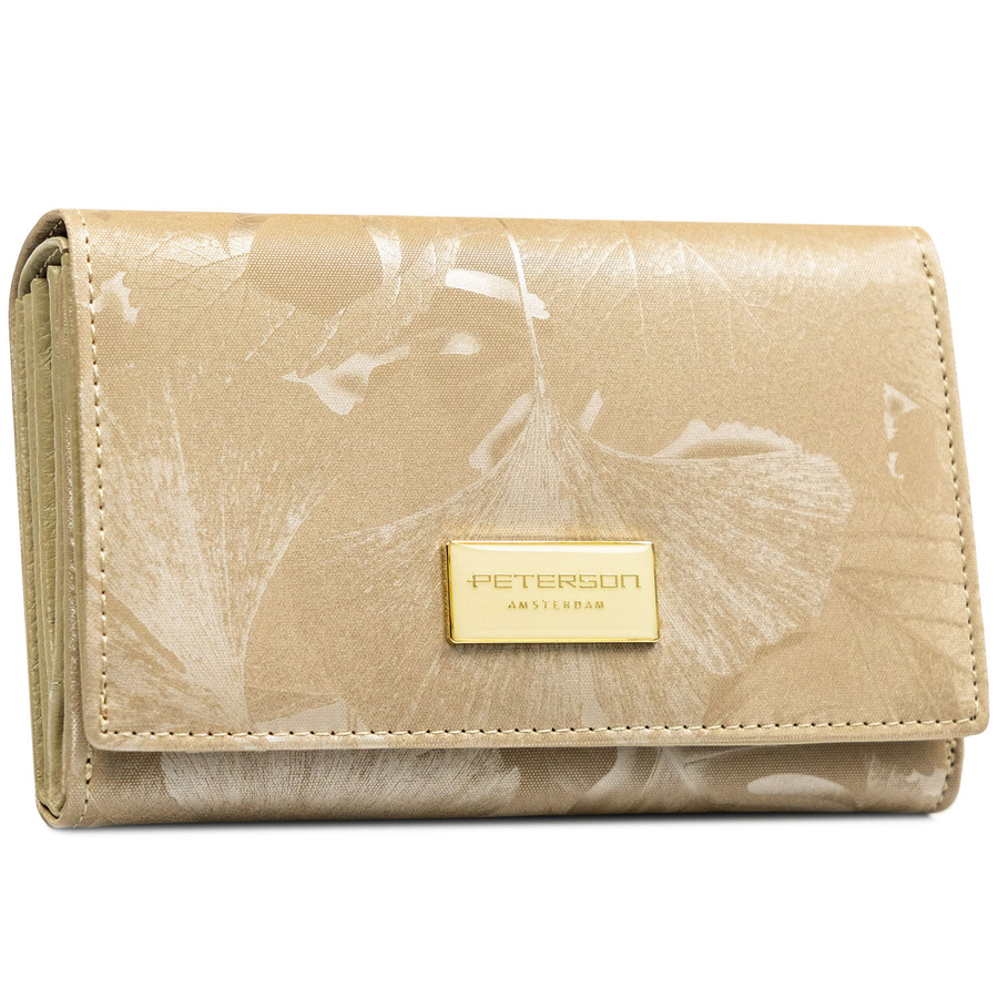 Duży portfel damski ze skóry naturalnej i ekologicznej w beżowym kolorze z zewnętrzną kieszenią - Peterson