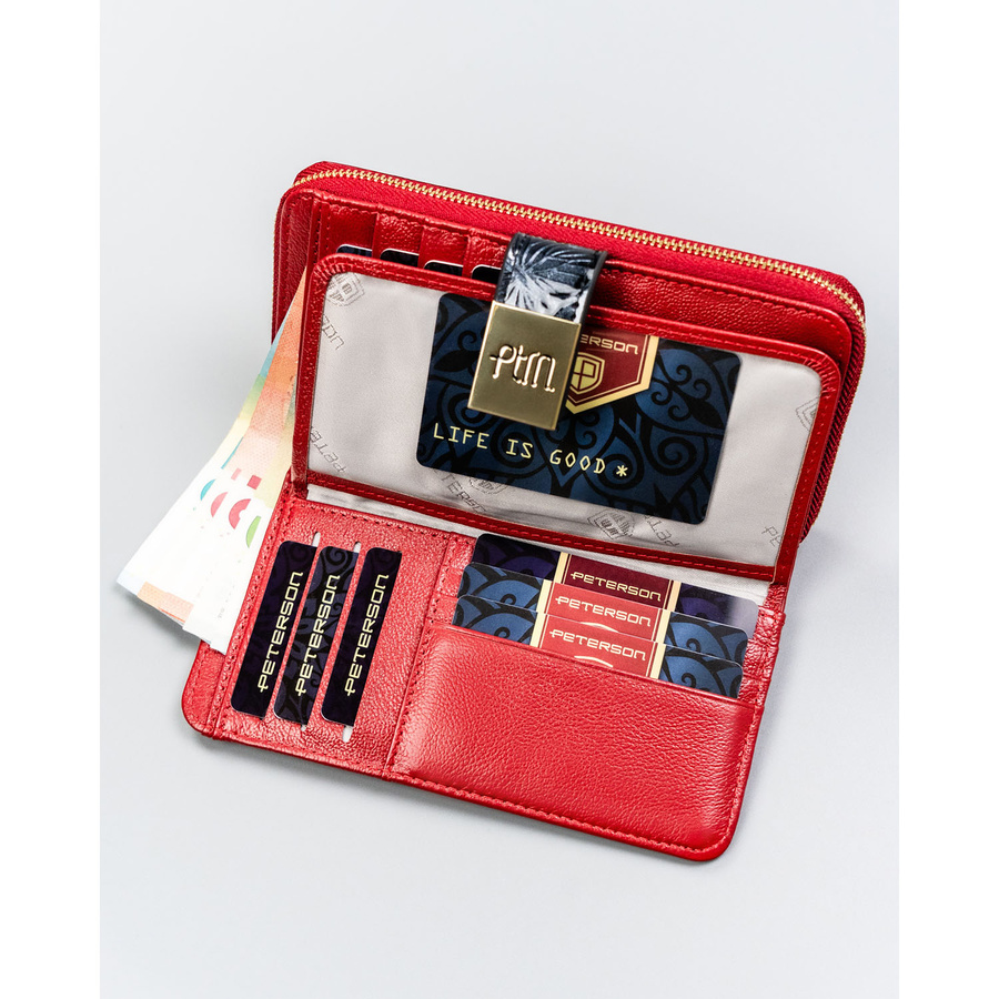 Lakierowany, duży portfel-piórnik damski ze skóry naturalnej w czerwonym kolorze - Peterson