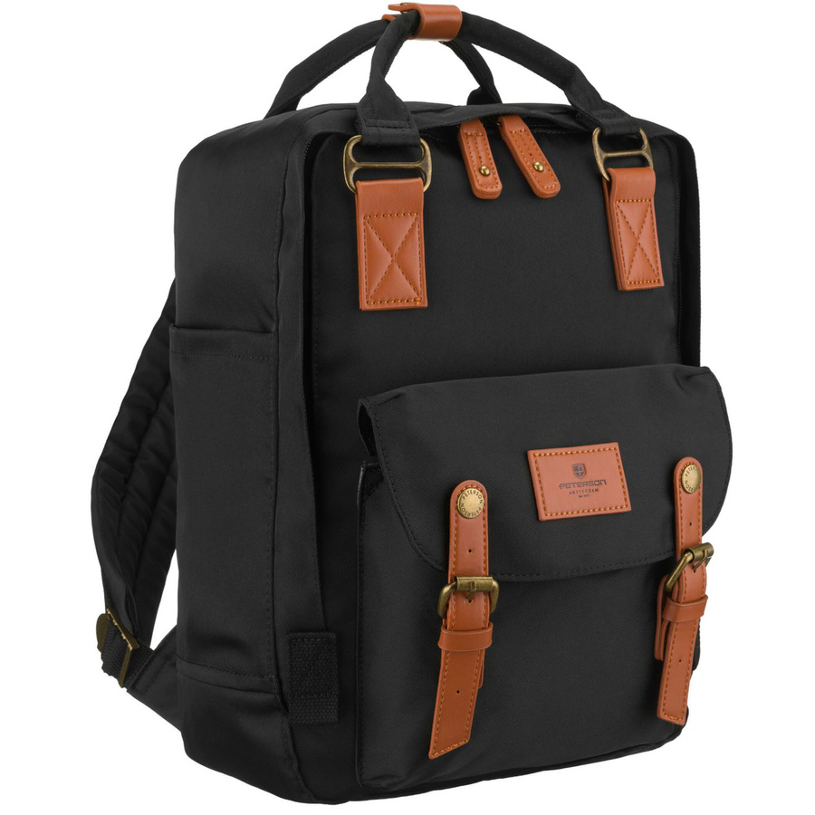 Dámsky veľký čierno-hnedý ruksak z polyesteru a ekologickej kože