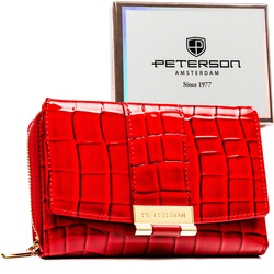 Portfel damski wykonany ze skóry ekologicznej w czerwonym kolorze z tłoczonym wzorem krokodylej skóry - Peterson