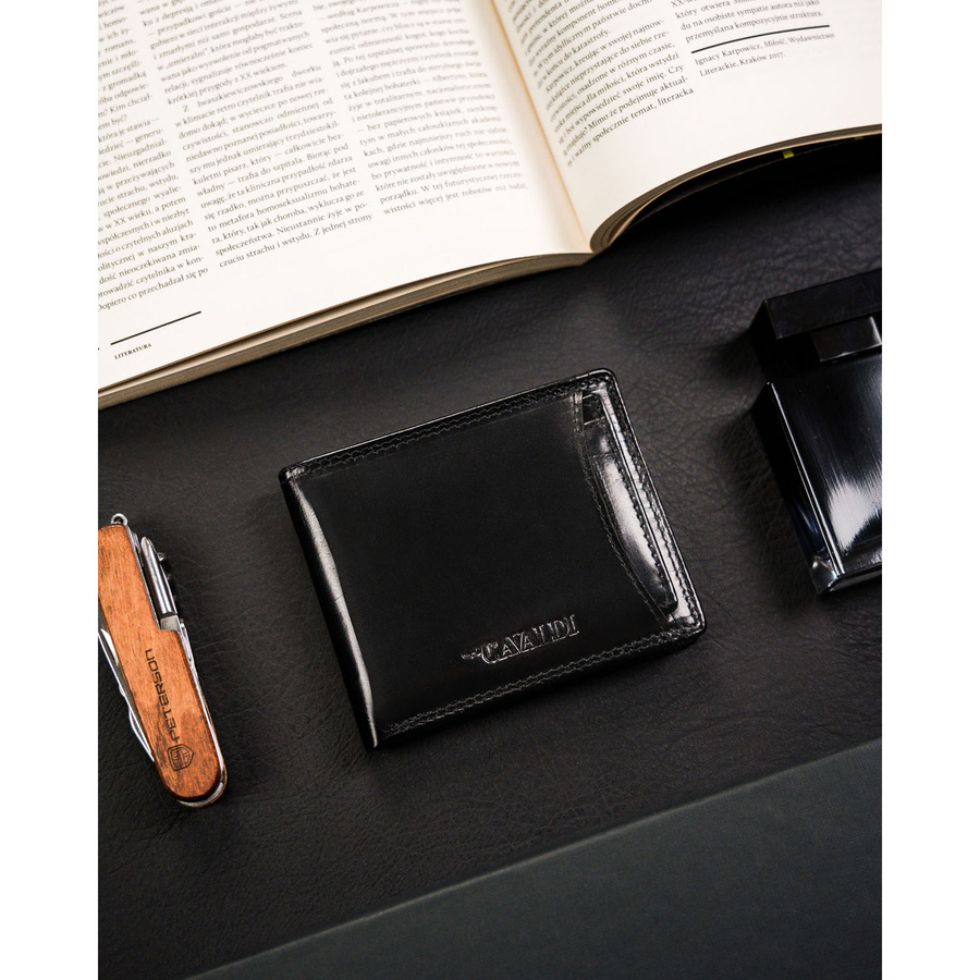 Małe, poziome i czarne etui na karty ze skóry naturalnej - 4U Cavaldi