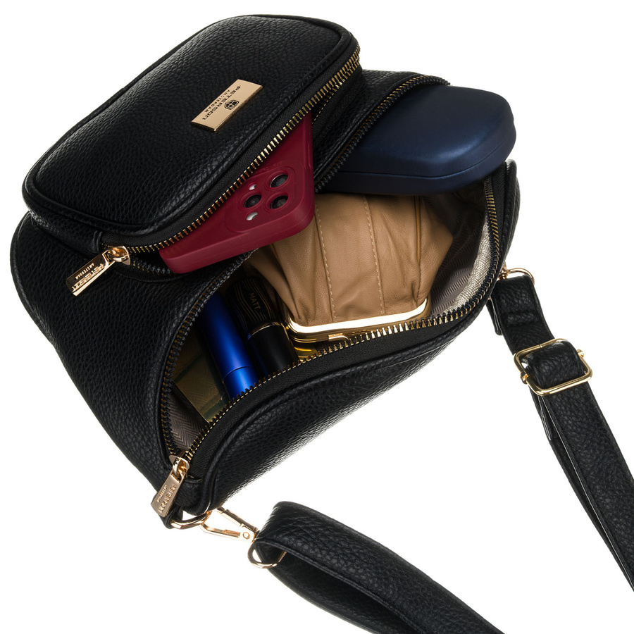 Czarna saszetka damska ze skóry ekologicznej zawieszona na regulowanym pasku - Peterson