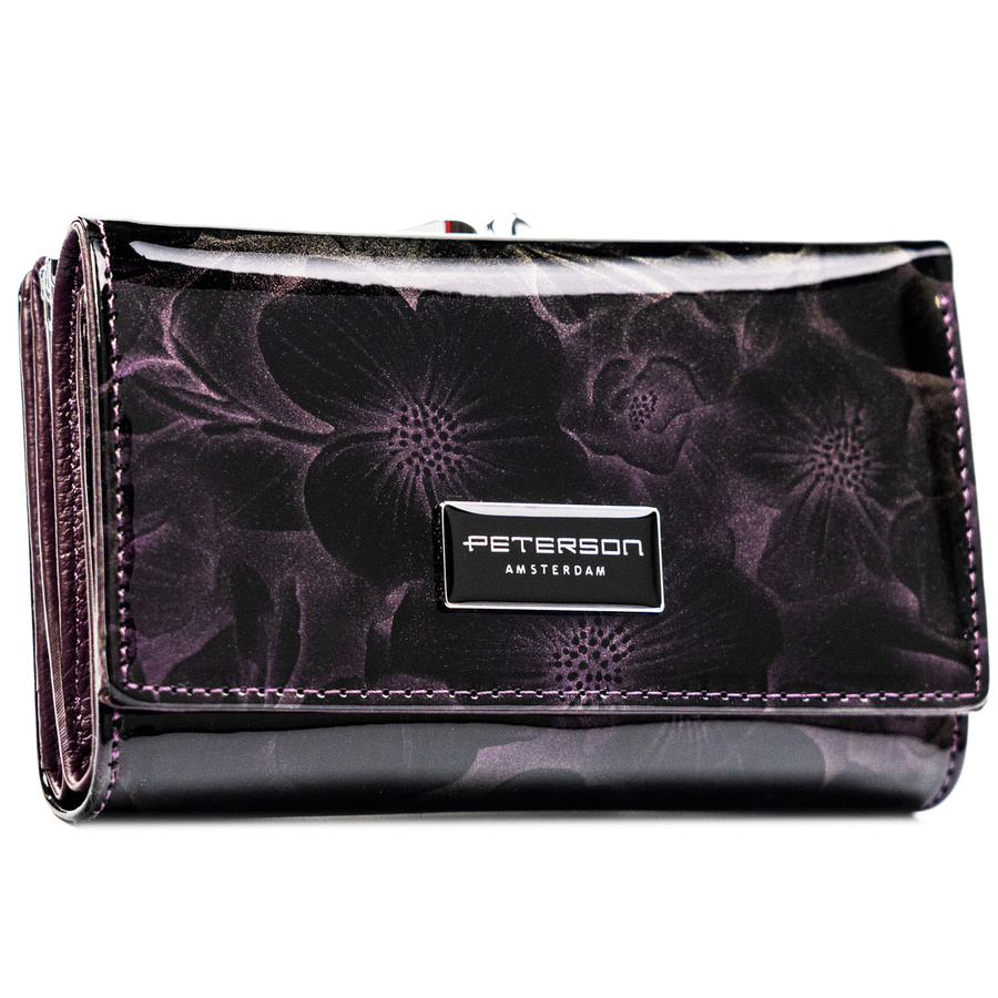 Fialová lakovaná peňaženka s kvetmi, patentom a klipom s RFID ochranou – Peterson