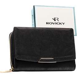 Średni portfel damski ze skóry ekologicznej w czarnym kolorze, model mieszczący dowód rejestracyjny - Rovicky