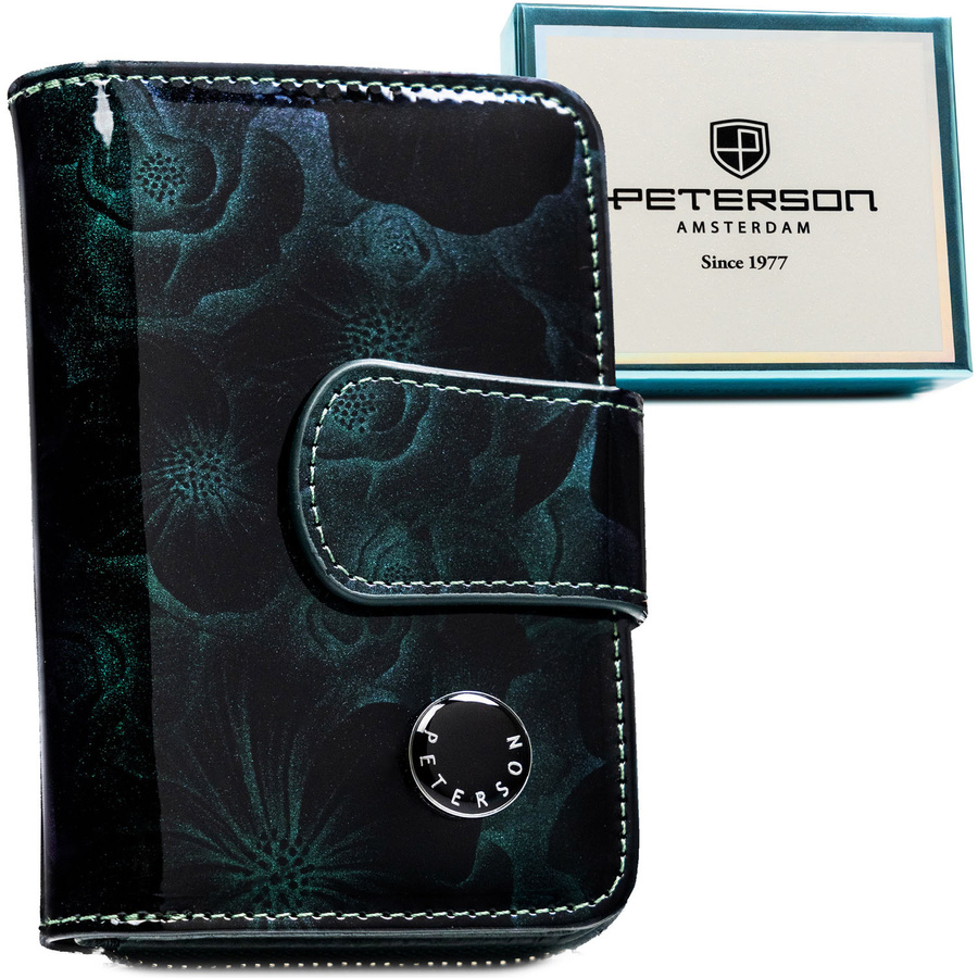 Lesklá zvislá dámska peňaženka z prírodnej a ekologickej kože v zelenej farbe – Peterson
