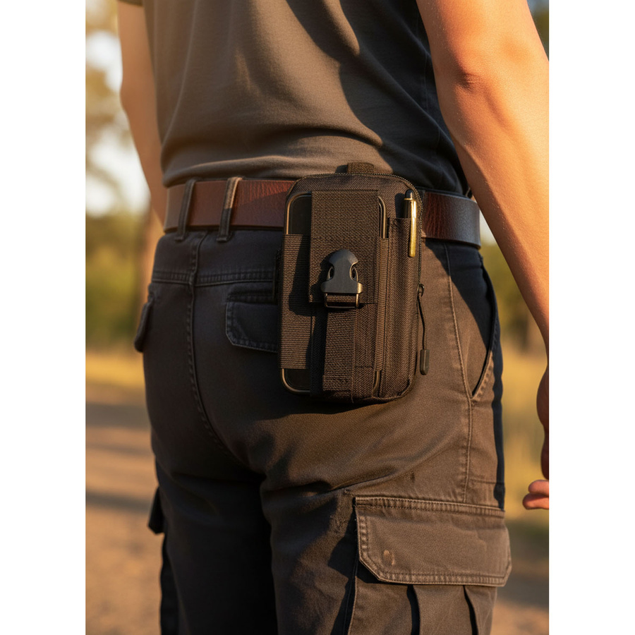 Czarna saszetka do paska wykonana z wytrzymałego poliestru - Rovicky