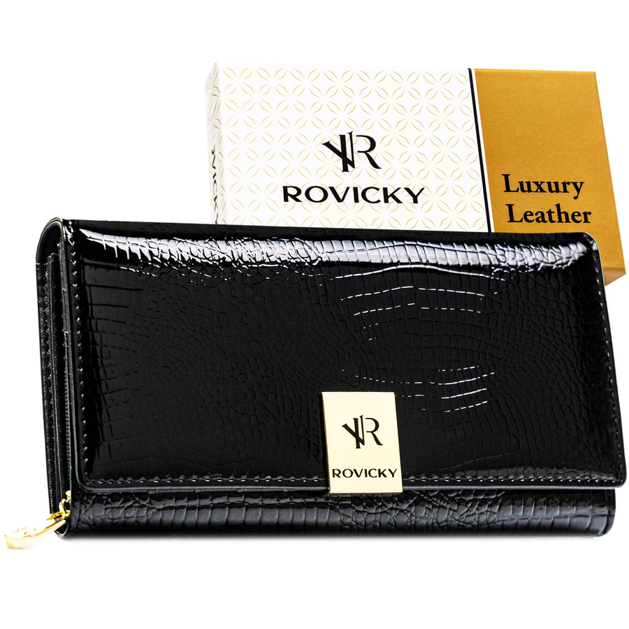 Veľká dámska lakovaná kožená peňaženka v čiernej farbe so zapínaním na patentku – Rovicky