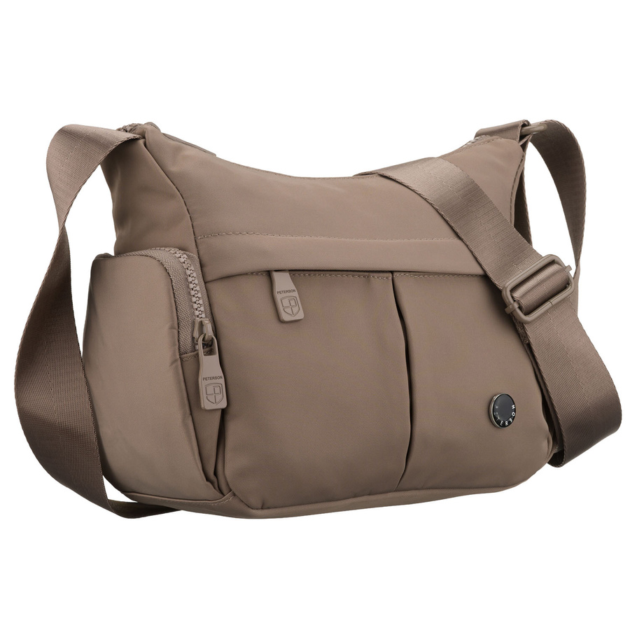 Dámska béžová mestská crossbody kabelka z polyesteru, dvojkomorová so širokým popruhom