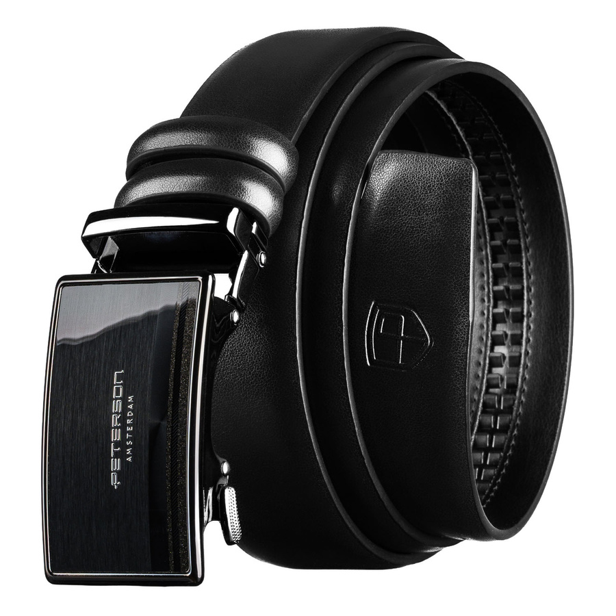 Pánsky kožený 3,5 cm široký opasok v čiernej farbe s automatickou prackou