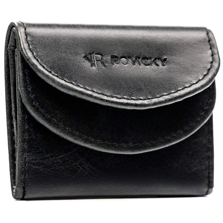 Mały, skórzany portfel męski w czarnym kolorze zamykany zatrzaskiem - Rovicky