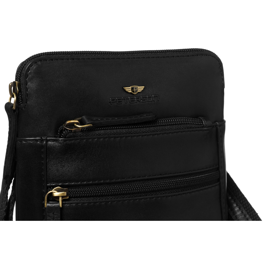 Elegancka listonoszka męska ze skóry naturalnej w czarnym kolorze zamykana suwakiem z etui w zestawie - Peterson