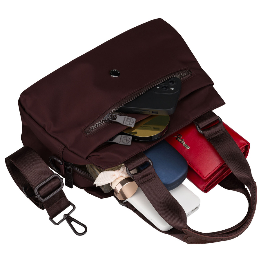 Listonoszka damska z poliestru w bordowym kolorze zawieszona na uchwytach i doczepianym pasku - Peterson