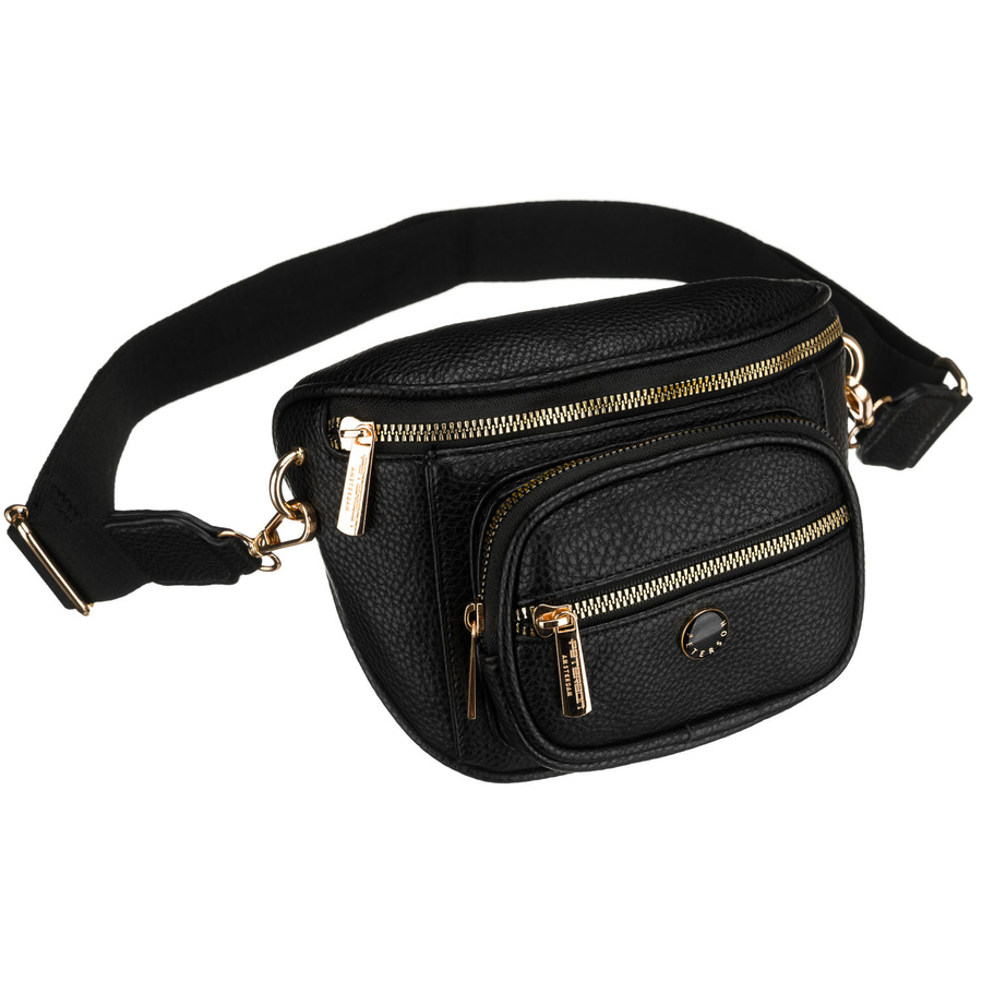 Czarna saszetka damska ze skóry ekologicznej, zamykana suwakiem i zawieszona na regulowanym pasku - Peterson