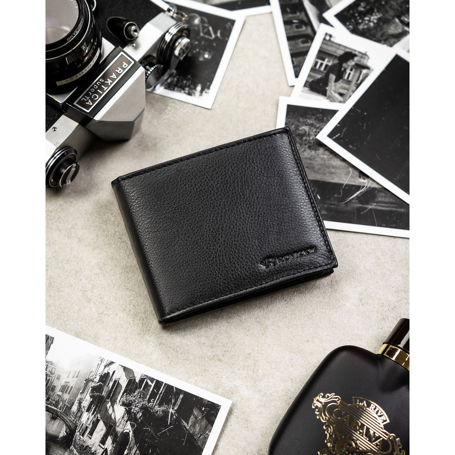 Duży, czarny portfel męski ze skóry naturalnej wyposażony w system RFID - Rovicky