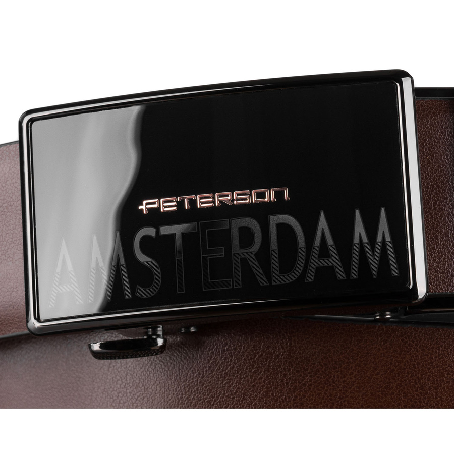 Brązowy, elegancki pasek męski ze skóry naturalnej z automatyczną klamrą - Peterson