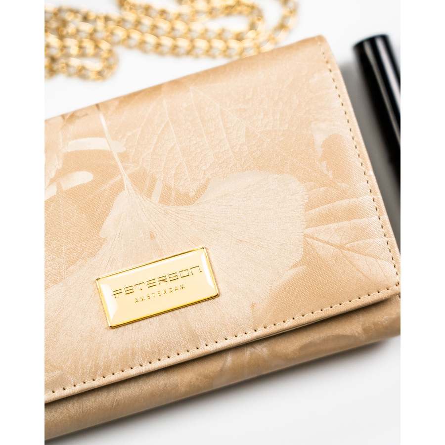 Duży portfel damski ze skóry naturalnej i ekologicznej w beżowym kolorze z zewnętrzną kieszenią - Peterson