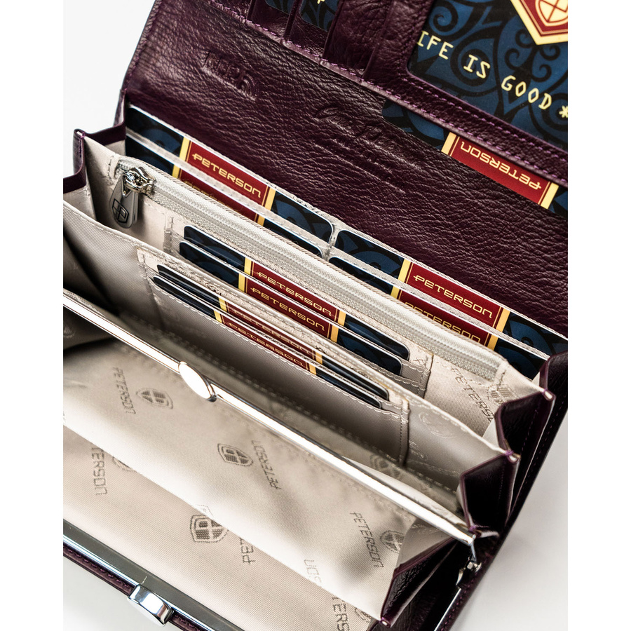 Klasyczny, duży, fioletowy lakierowany portfel damski w kwiaty Peterson