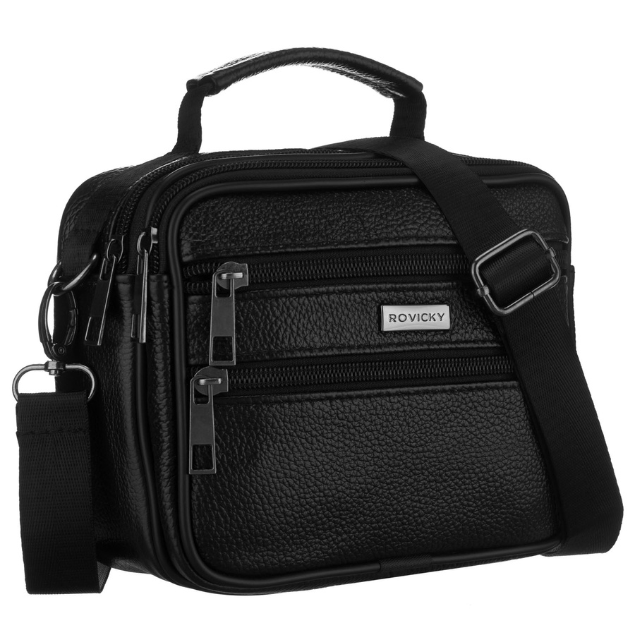 Listonoszka męska wykonana ze skóry naturalnej w czarnym kolorze, zawieszona na odpinanym pasku - Rovicky