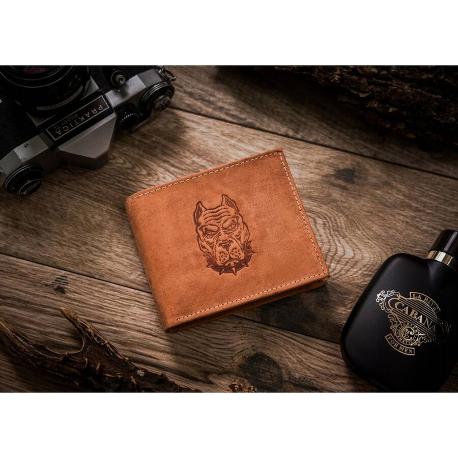 Portfel męski z nubukowej skóry naturalnej w brązowym kolorze z tłoczeniem przedstawiającym głowę psa - Always Wild