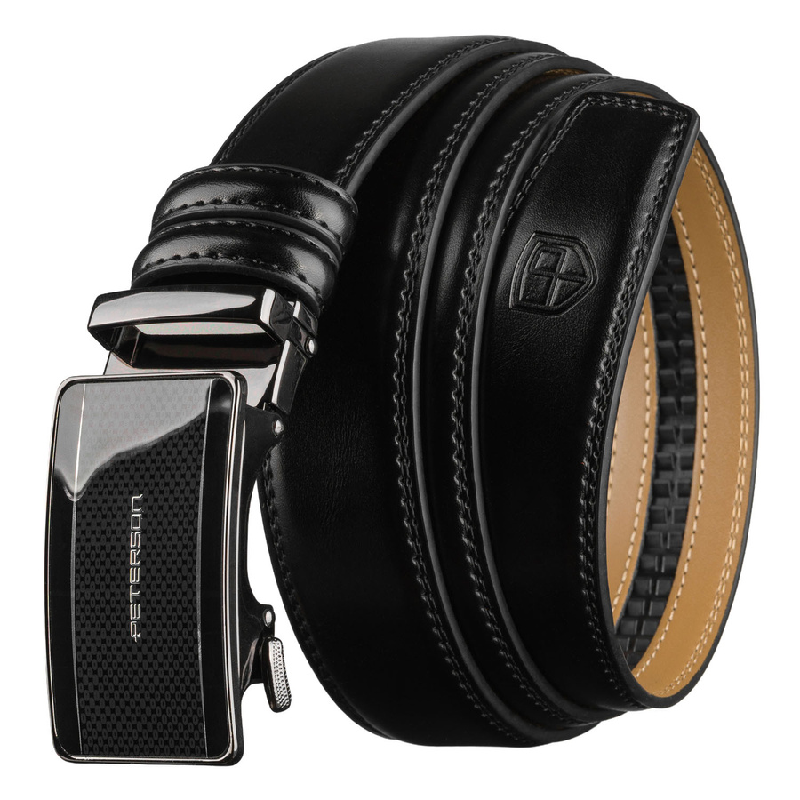 Czarny pasek męski z automatyczną klamrą wykonany ze skóry naturalnej - Peterson