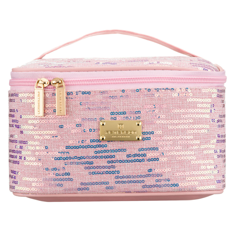 Podróżna kosmetyczka z tkaniny syntetycznej w różowym kolorze ozdobiona cekinami - Peterson