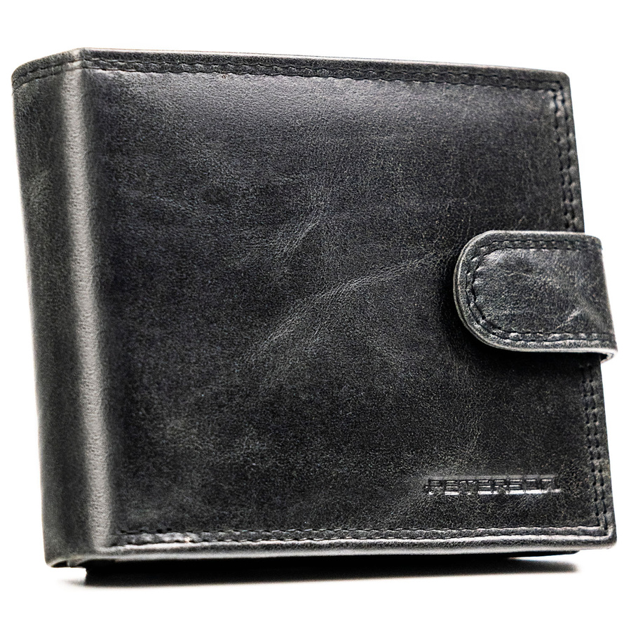 Skórzany portfel męski w czarnym kolorze, wyposażony w system RFID i zamykany zatrzaskiem - Peterson