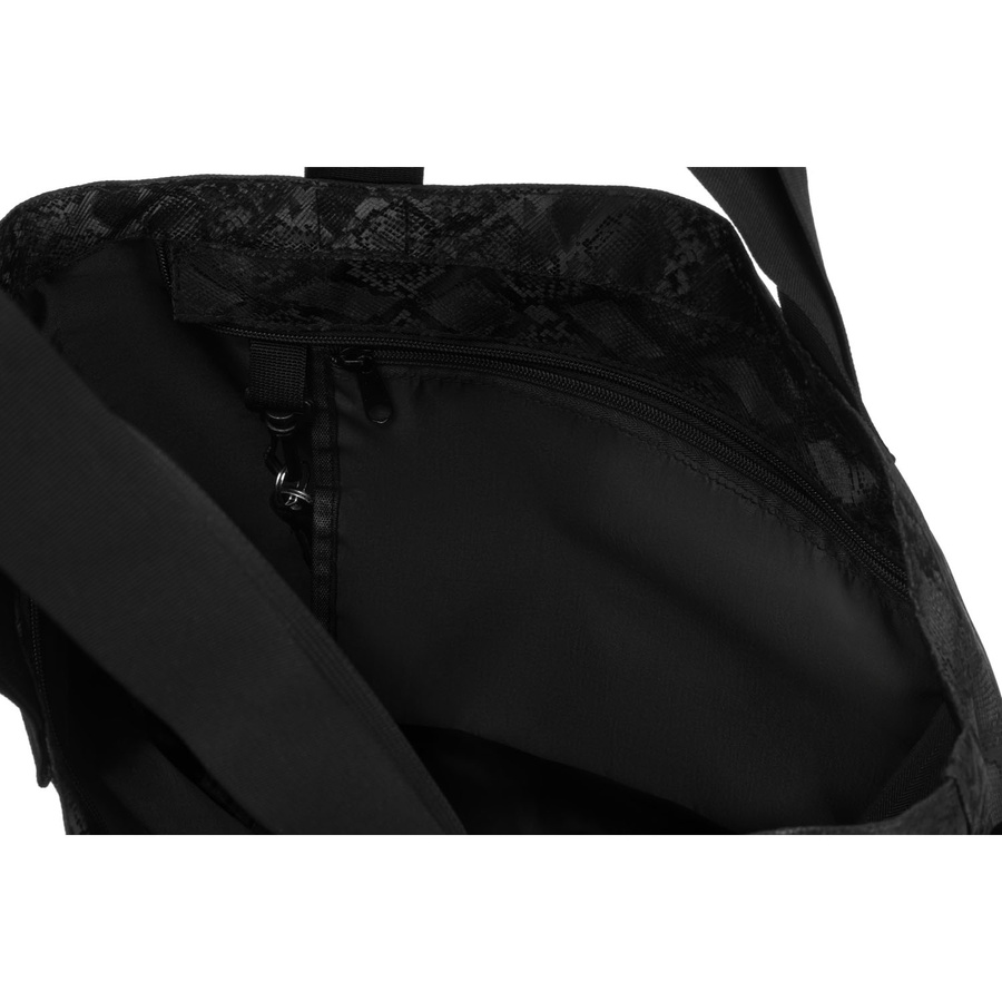 Duży, czarny shopper damski z poliestru zawieszony na uchwytach i regulowanym pasku - Rovicky