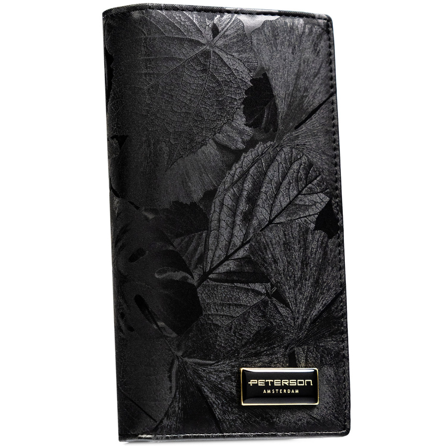Duży, pionowy portfel damski w czarnym kolorze zamykany na magnes i suwak - Peterson