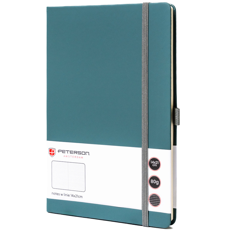 Zelený zápisník A5 s čiarovaným papierom, tvrdou väzbou a pútkom na pero