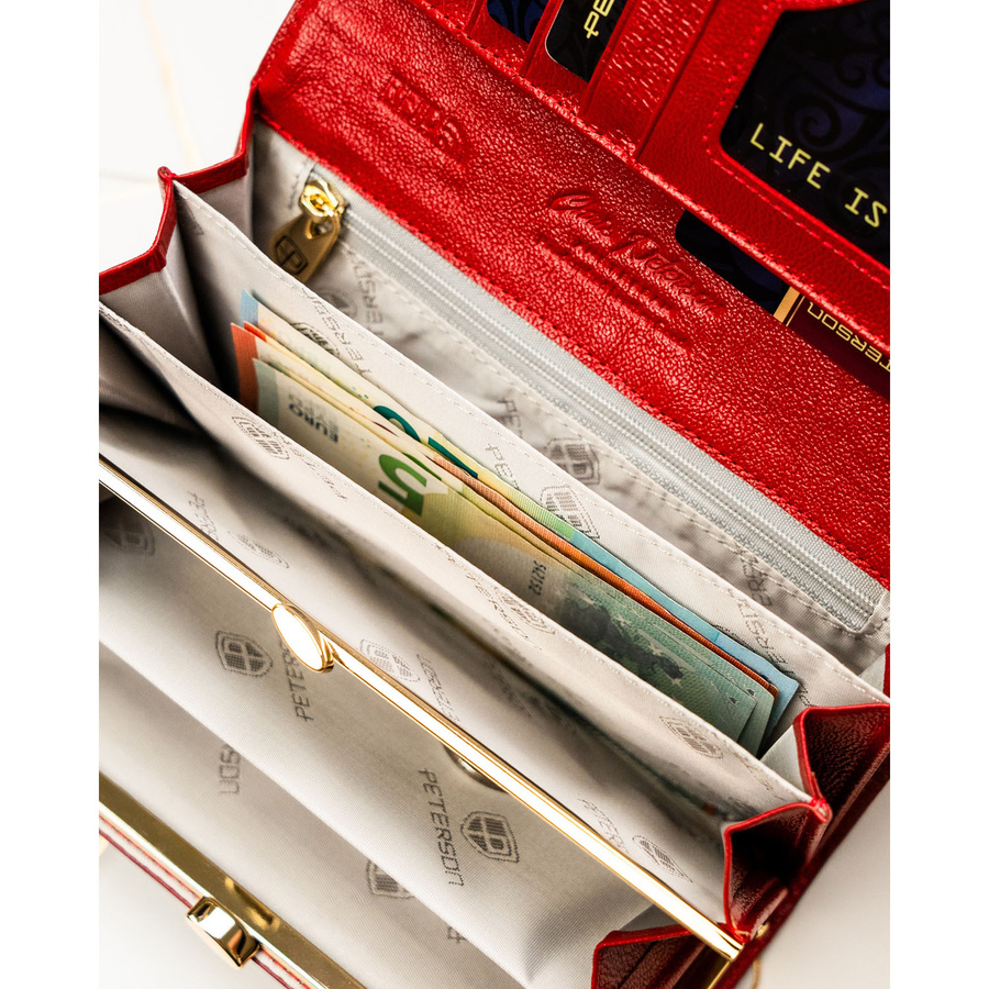 Lakierowany, czerwony portfel damski ze skóry naturalnej i ekologicznej w zwierzęcy wzór - Peterson