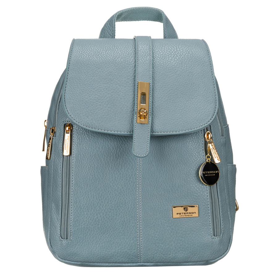 Moderný modrý malý dámsky ruksak z ekologickej kože zdobený zlatým kovaním