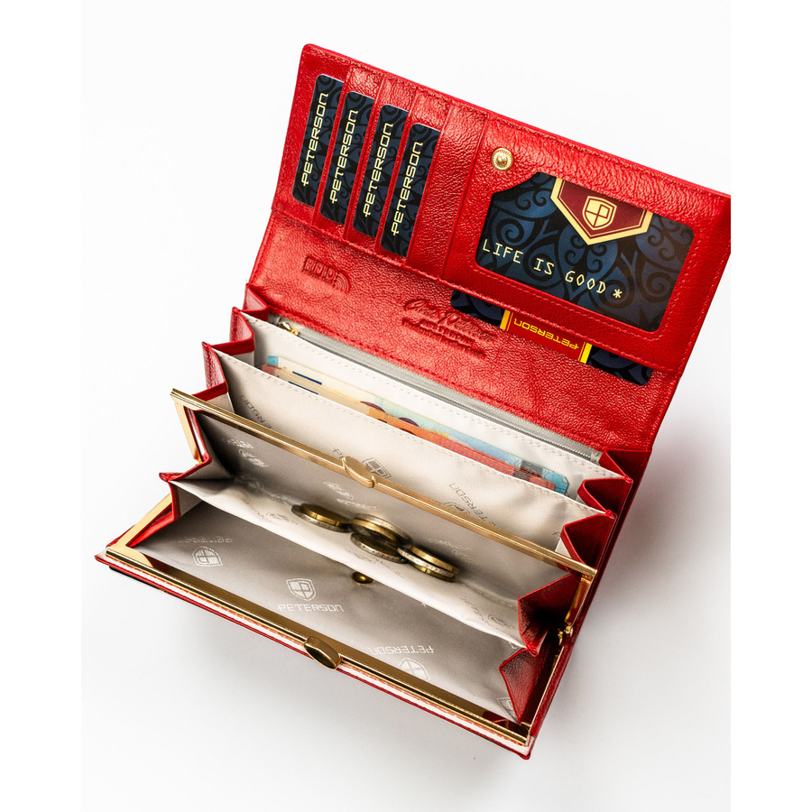 Duży, czerwony portfel damski ze skóry naturalnej i ekologicznej zamykany zatrzaskiem - Peterson