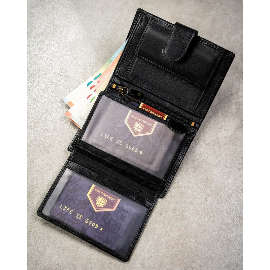 Klasyczny, skórzany portfel męski w czarnym kolorze zamykany zatrzaskiem - Peterson