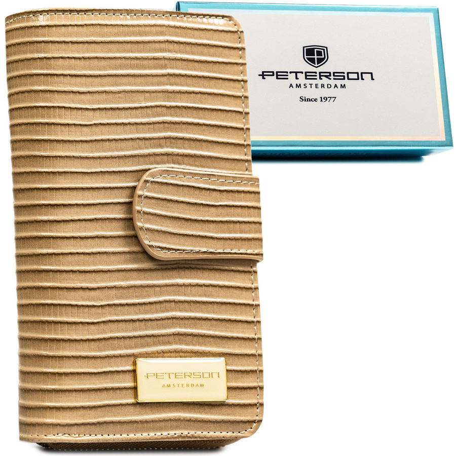 Dámska béžová kožená peňaženka s pleteným vzorom, RFID ochranou a zvislou orientáciou