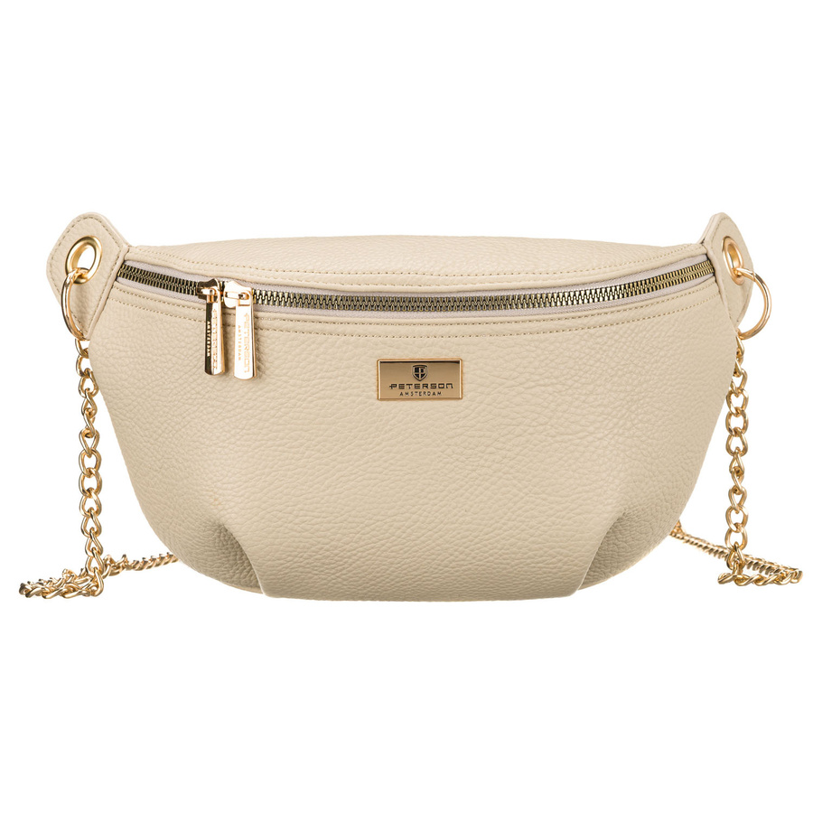 Beżowa saszetka damska ze skóry ekologicznej zamykana suwakiem, zawieszona na regulowanym pasku - Peterson